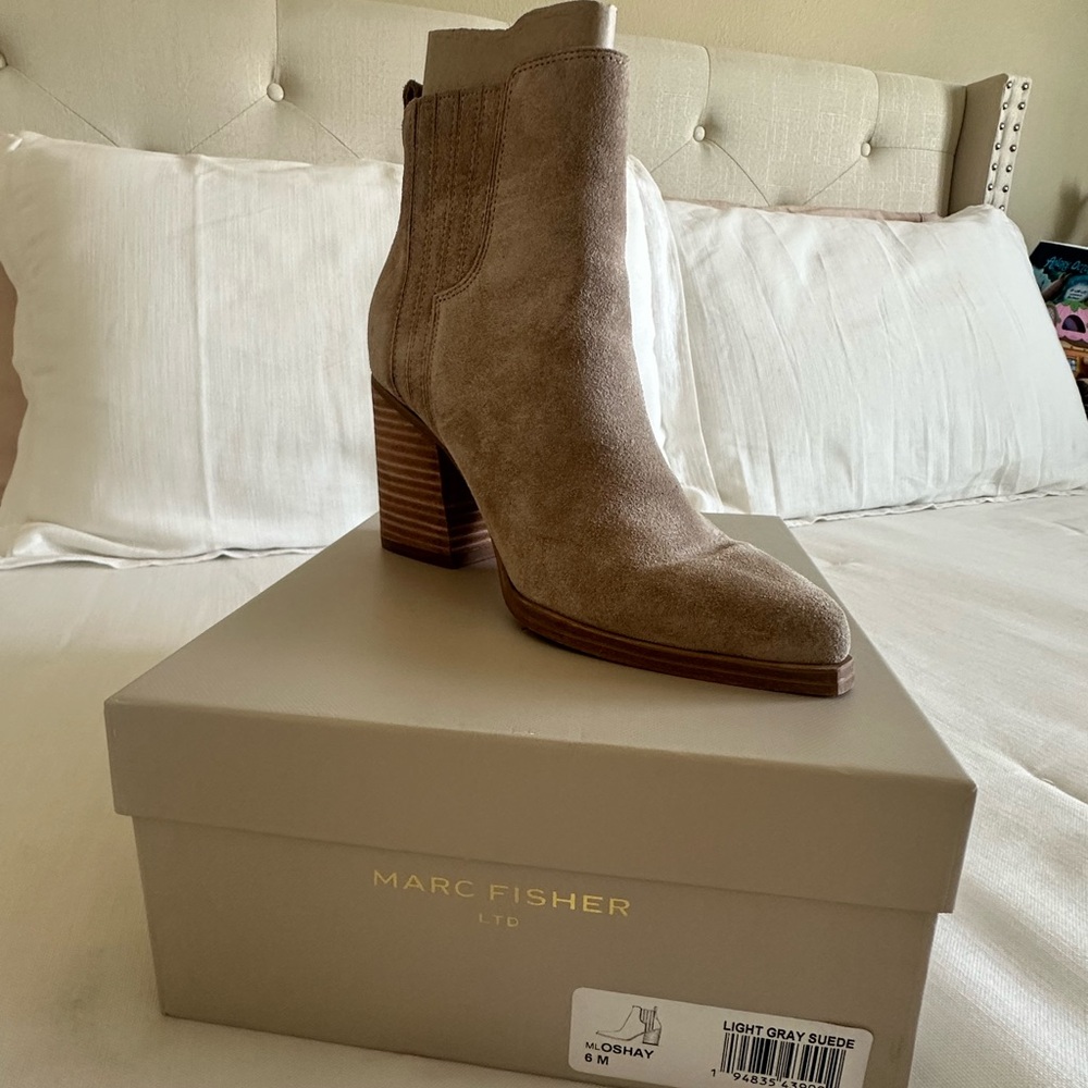 Marc Fisher Taupe Suede Stacked Block Heel Ankle Booties